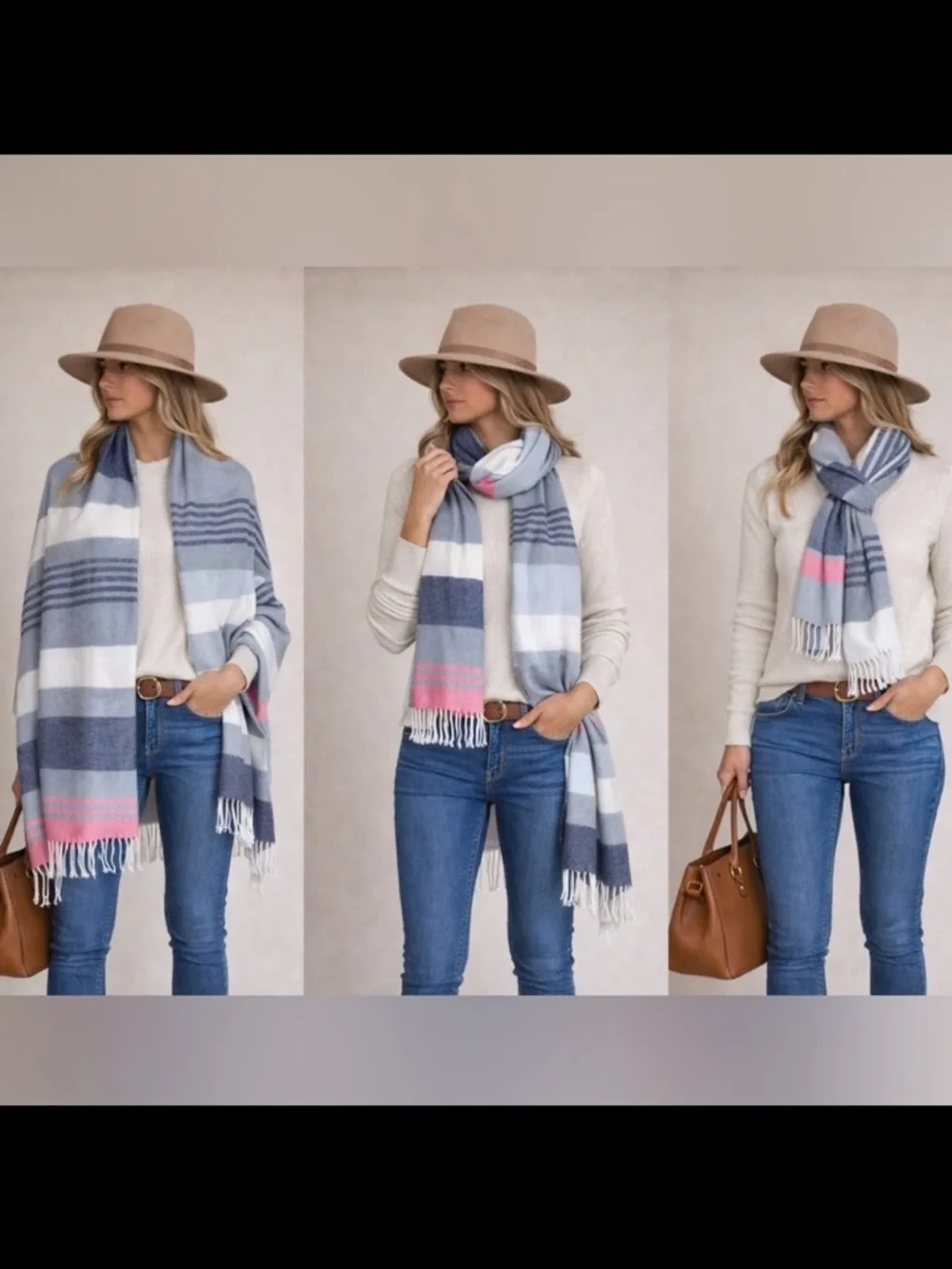 NEW | GAP Striped Scarf Wrap Blanket Fringe Pink White Gray Blue